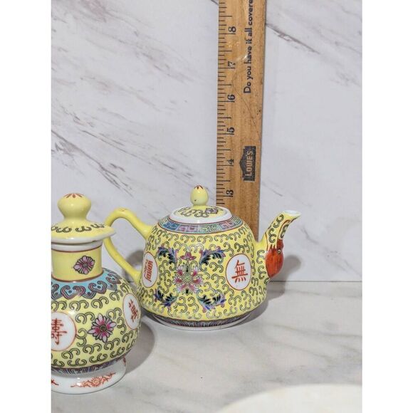 Vintage Mun Shou Longevity Teapot & Soy Sauce Bottle Yellow Dragon Porcelain Mad - Picture 5 of 9